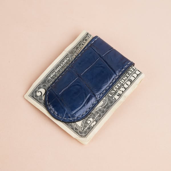 Light Blue Alligator Leather Money Clip - Rounded Shape