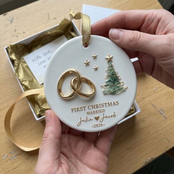 Personalized "First Christmas Married" Ceramic Ornament