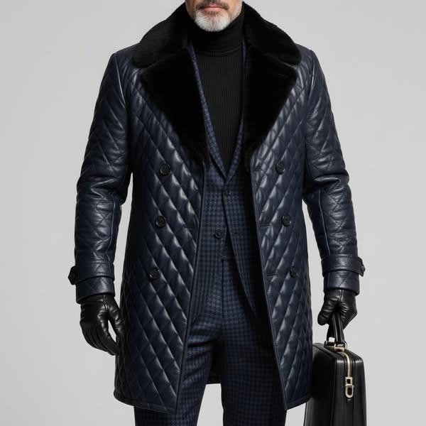 Men's Navy Blue Quilted PU Leather Fur Collar Double Breasted Long Sleeve Trench Coats