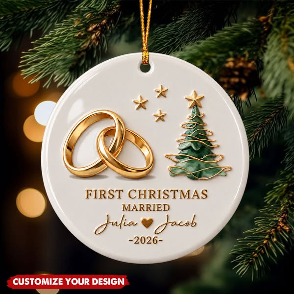 Personalized First Christmas Married Ceramic Ornament, Custom Couple Names & Year Keepsake Gift For Newlyweds