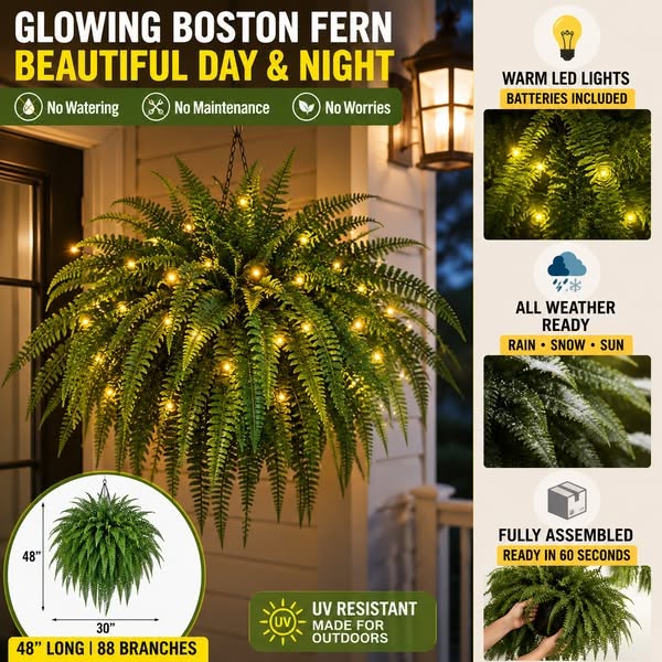 Glowing Boston Ferns with Lights – Zero Watering, Zero Maintenance