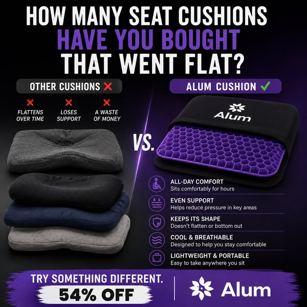 The Alum Gel Seat Cushion takes pressure off your Back & Tailbone instantly so you can sit for hours without the pain.