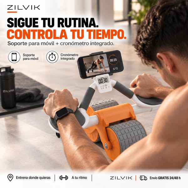 Rodillo abdominal con apoyabrazos, cronometro y alfombrilla para rodil