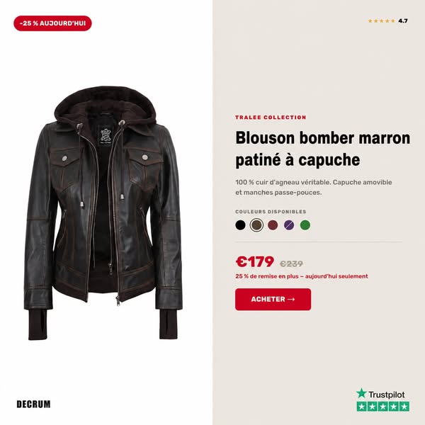 Blouson aviateur à capuche marron effet patiné