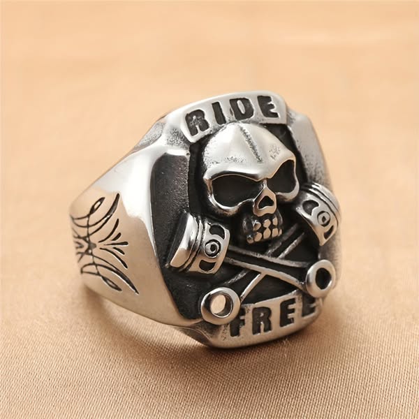 Gothic Ride Free Skull Piston Stainless Steel Ring | Heavy Metal Biker Band | Secure Checkout | Tracked Shipping | 7-Day Easy Returns – Shir