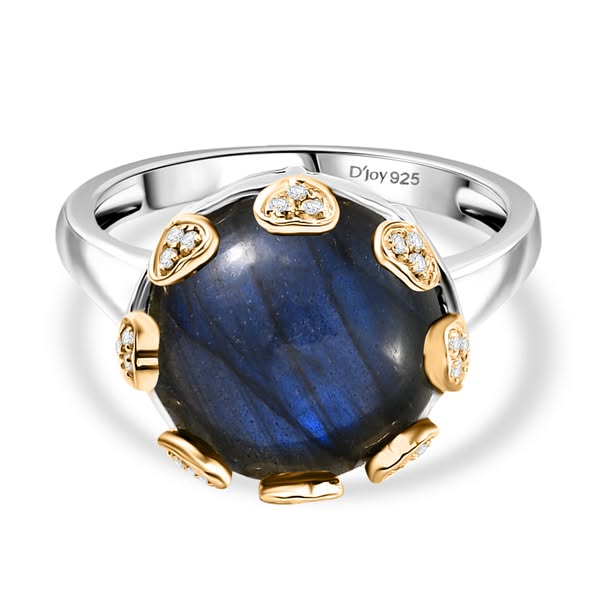 €59.99 | D'Joy AAA Labradorit, Weißer Zirkon Ring 925 Silber Rhodiniert und 750 Gelbgold Vermeil ca. 12,96 ct