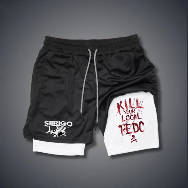 KILL YOUR LOCAL PEDO Red Letter GYM PERFORMANCE SHORTS Black1-L