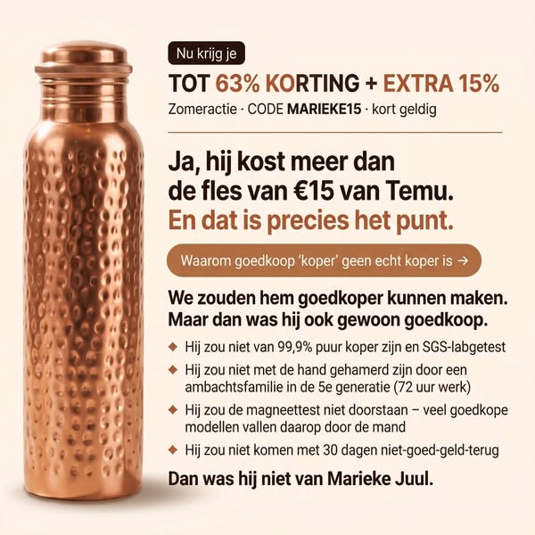 Puur koper. Levenslange garantie. Gratis verzending. Marieke & Juul™: de wellness-investering die je verdient.