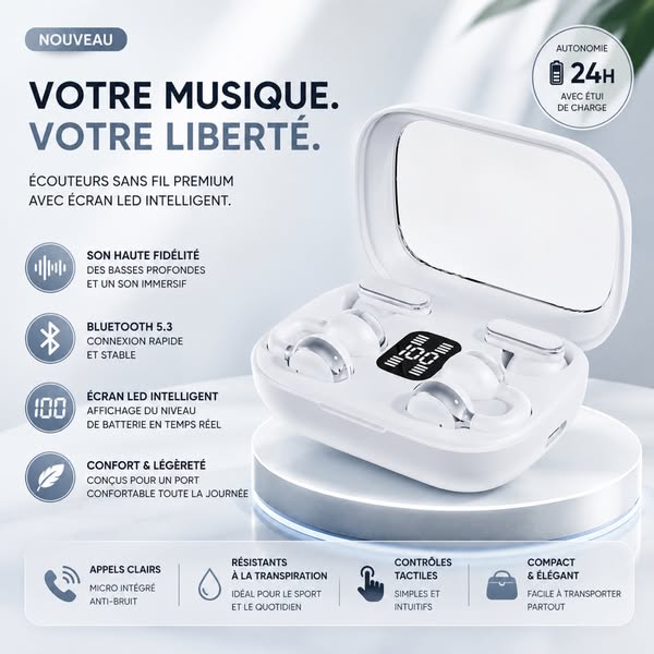 Écouteurs sans fil à double appairage avec boîtier LED intelligent | Ajustement ouvert et classique