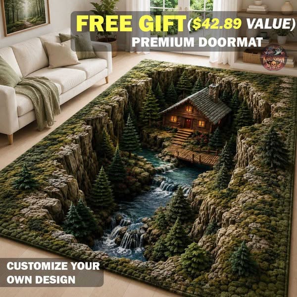 3D Log Cabin Forest Waterfall Area Rug, Pine Mountain Kitchen Mat, Rustic Creek Runner Rug, Woodland Home Decor, Cozy Hideaway Doormat