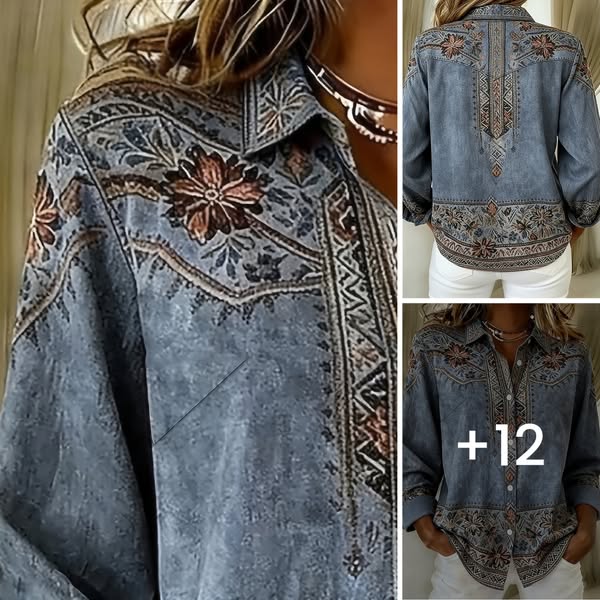 Plus Size - Plus Size - Retro Baroque Floral Print Women's Plus Size Button-up Long Sleeve Blouse Open Front Top