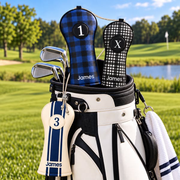 Personalized Golf Club Headcovers With Interchangeable ID Patches, Anti-Loss Adjustable Drawstring, Striped And Plaid Designs Golf Enthusias