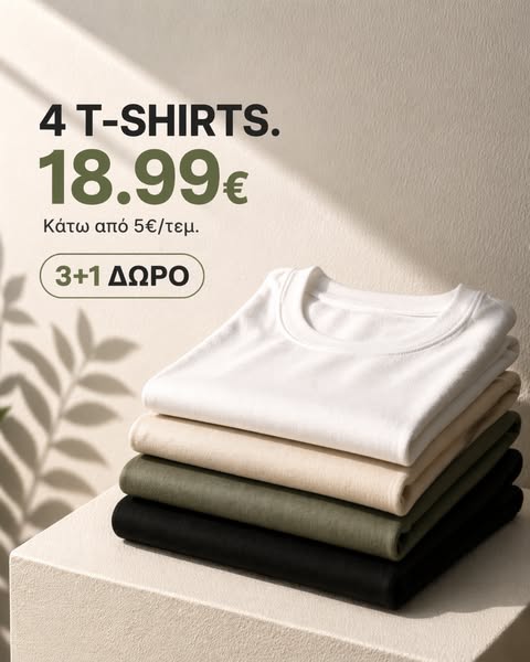4 T-shirts μόνο 18,99€
Ολοκλήρωσε την παραγγελία σου