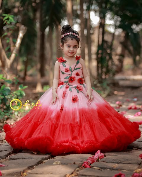Red and Peach Double Shade Couture Gown with Handcrafted Flowers and Leaves(Bestseller)