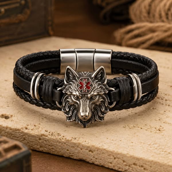 Personalized Wolf Head Medical Alert Bracelet with ID Text, Adjustable Emergency Info Wristband, Daily Wear Safety Accessory, Gift for Dad/G