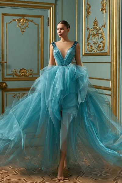 Charming Blue V Neck Sleeveless Party Prom Dress With Tulle | Risias Royal Blue-US14W