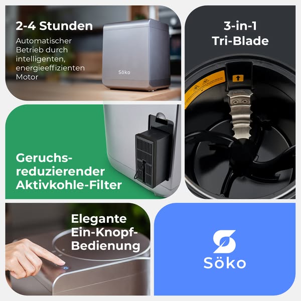Verwandle Biomüll schon ab 2 Stunden in frische Komposterde mit dem elektrischen Söko Komposter