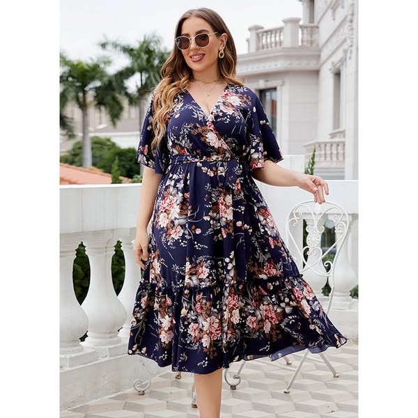 Bohemian Navy Print Patchwork Chiffon Maxi A Line Dress Short Sleeve
