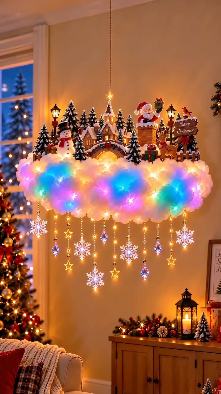 Light-Up Christmas Cloud Hanging Decor – Santa & Winter Village Holiday Display