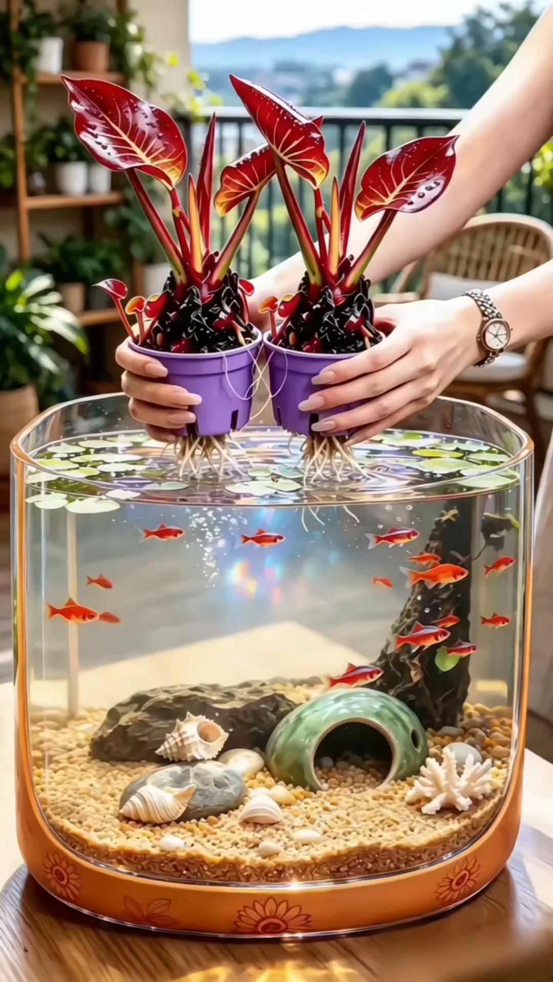 Hydroponic red lotus roots Turn Your Aquarium into a Living Garden