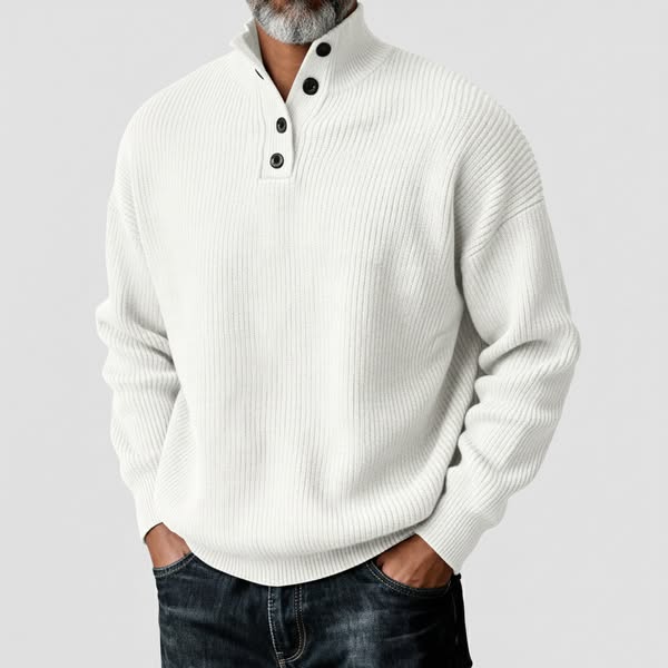 Men's Casual Sky Blue Stand Collar Half Button Long Sleeve Ribbed Knit Sweaters