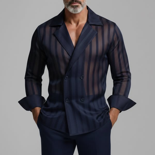 Men's Navy Blue Striped Semi-Sheer Notched Lapel Double-Breasted Long Sleeve Shirt