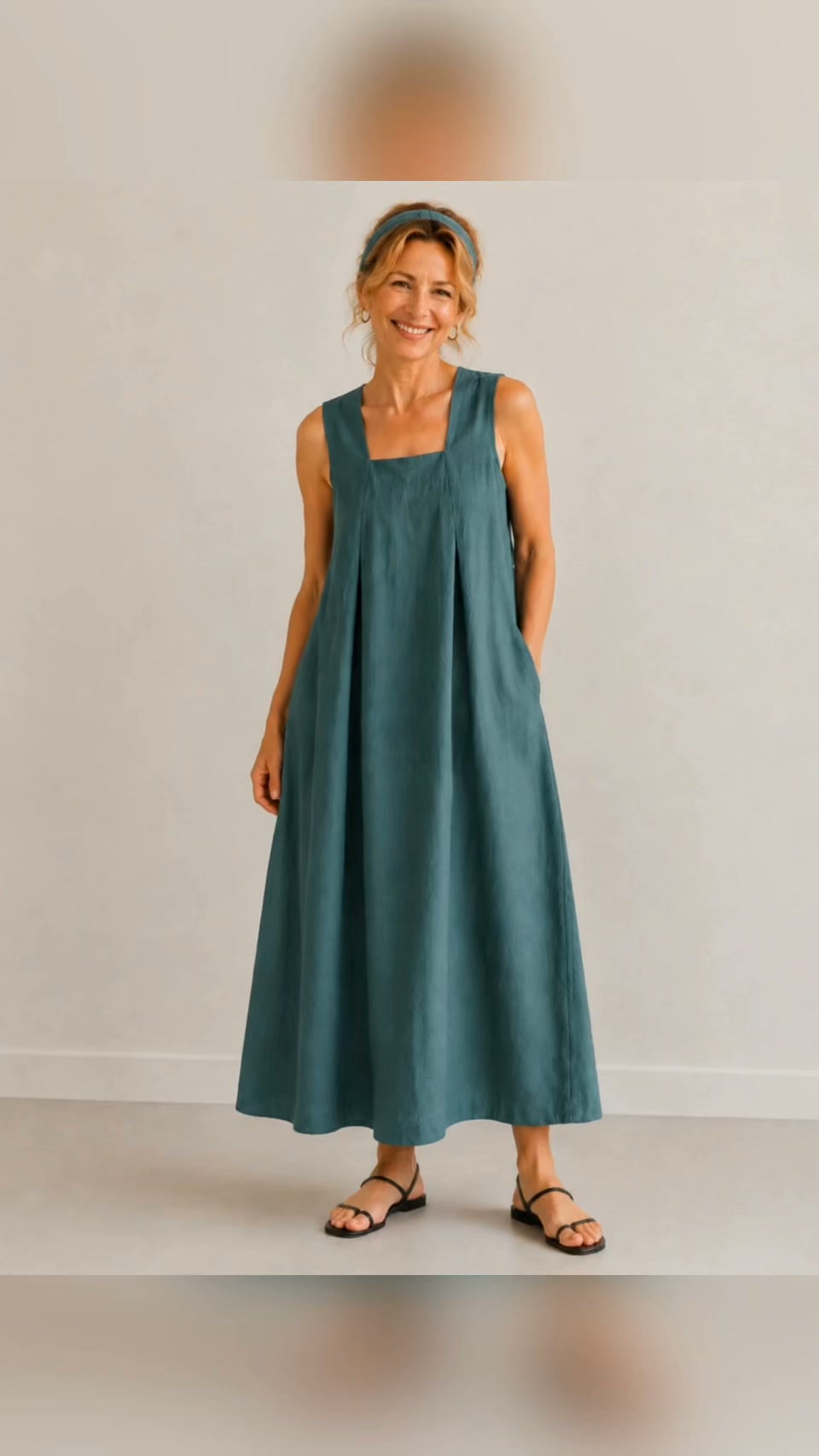100% Linen Square Neck Side Pocket Sleeveless Maxi Dress