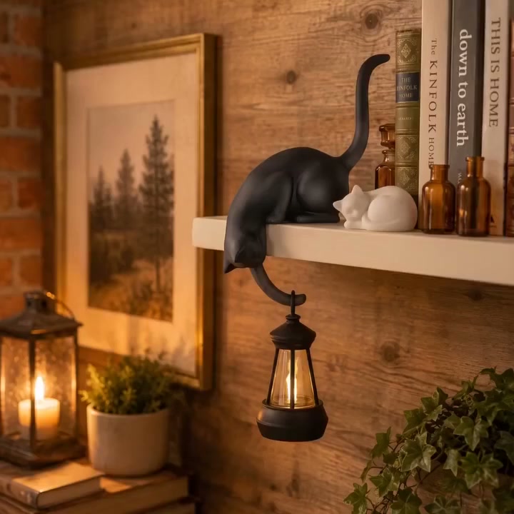 Söt kattfigur till bokhyllan med LED-lampa – Söt dekoration till bokhyllan och praktisk nyckelhållar