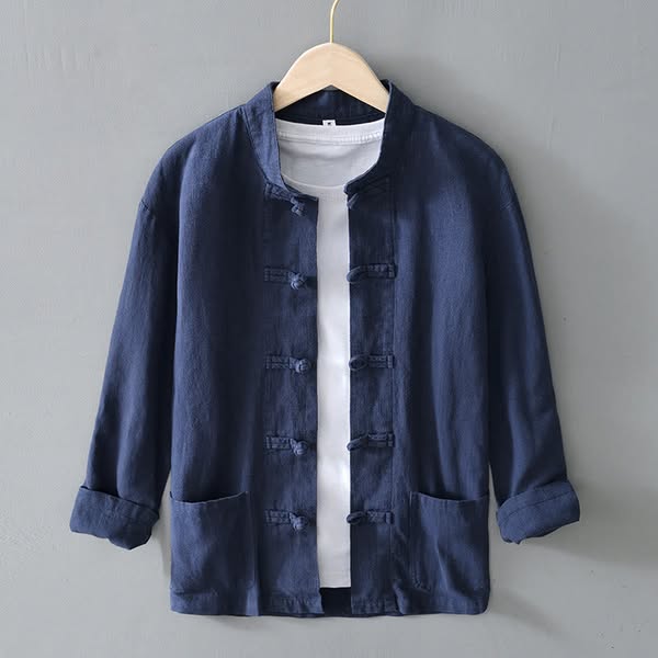 Buddha Stones Frog-Button Chinese Tang Suit Cotton Linen Men Shirt With Pockets