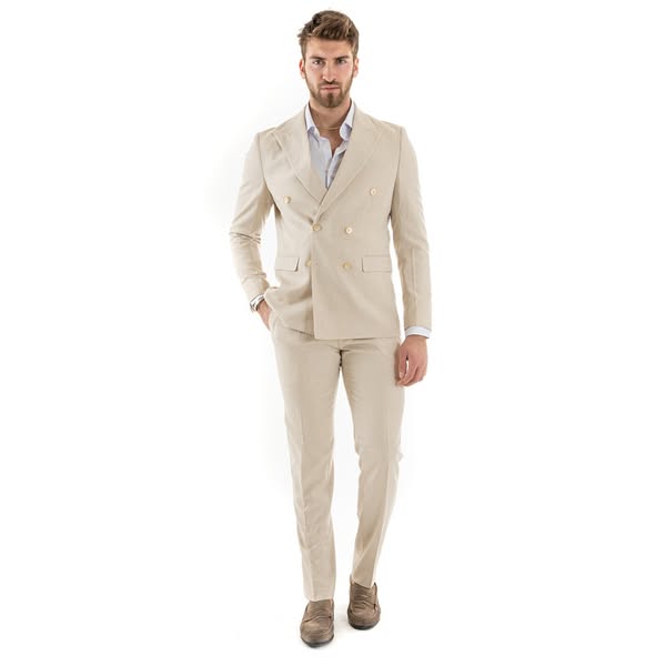 Abito uomo doppiopetto completo viscosa giacca pantaloni elegante beige melangiato GIOSAL-OU2258A