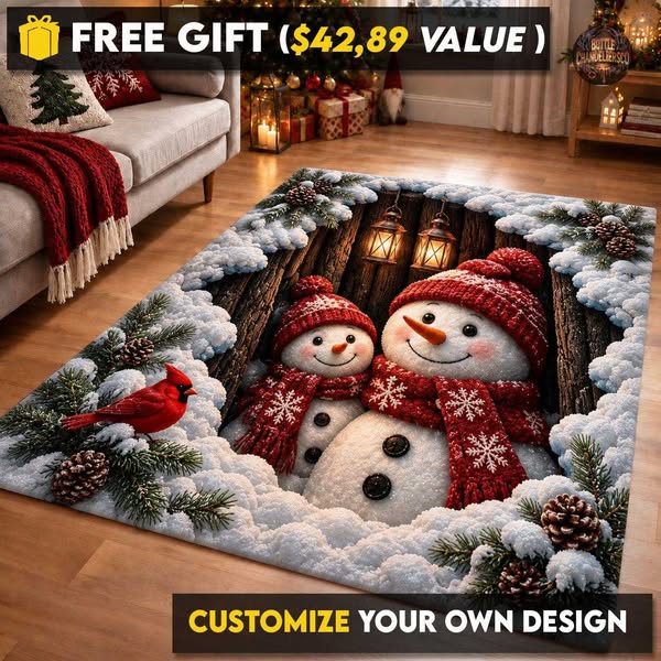 3D Snowmen Christmas Area Rug, Red Cardinal Bird Runner Rug, Winter Wooden Log Kitchen Mat, Festive Snow Doormat, Christmas Gift Home Decor