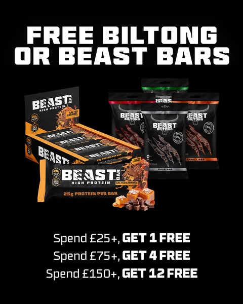 Free biltong or Beast Bars from £25. No code needed.
