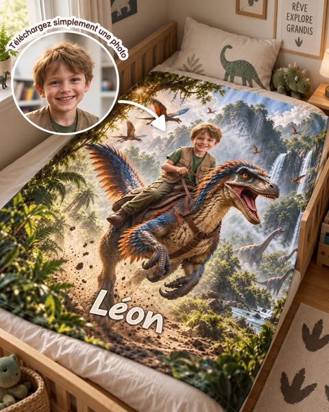 Le plaid Dino personnalisé avec son prénom et son visage