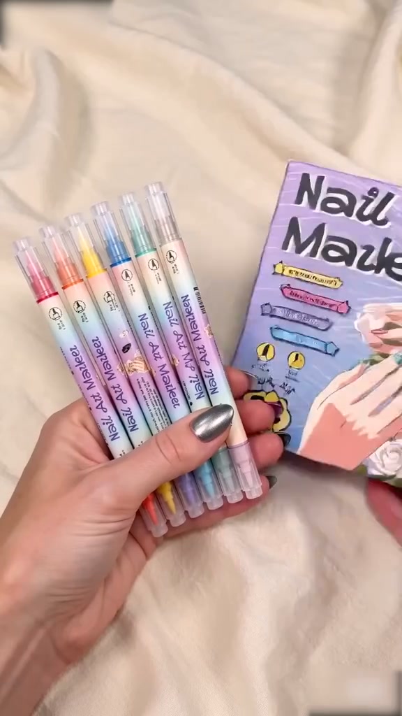 Only £7.99 Last Day Promotion!50K+ SOLD!Dual-Tip Nail Art Marker Pen Set Quick‑dry, no UV lamp. Fine & brush tips. 12/24 vibrant colo