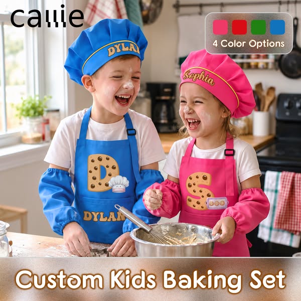 Personalized Cookie Initial Kid Baking Apron Chef Hat Set with Name and Pocket Kitchen Accessory Daily Use Birthday Gift for Children
