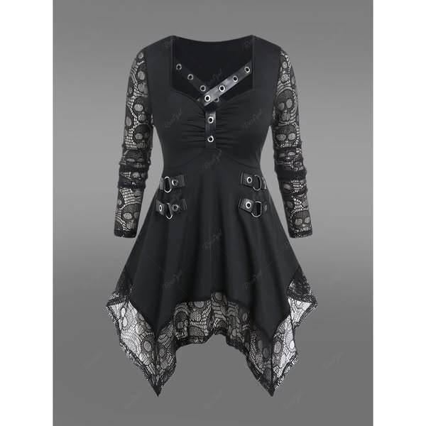 Gothic Plus Size Skull Lace Panel Handkerchief Long Sleeve Tops