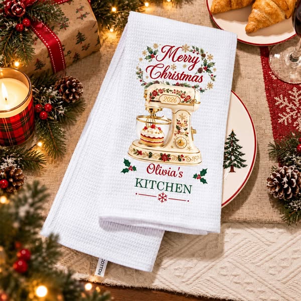 Merry Christmas Baking Mixer Tea Towel, Custom Name, Soft Waffle Kitchen Towel, Christmas Gift for Bakers