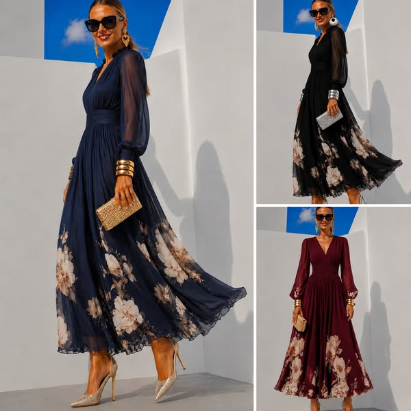 Robe Nadia en chiffon imprimé, 3 imprimés, tailles (34-48)
