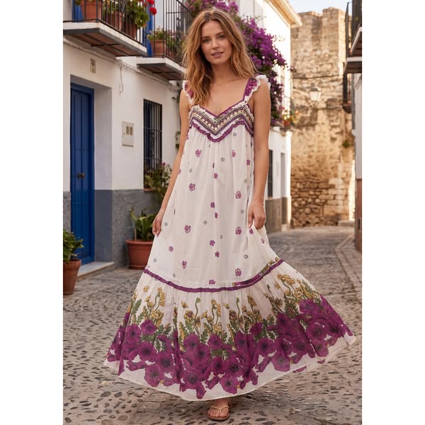 Maxivestido de algodón con cuello redondo para mujer - Sola