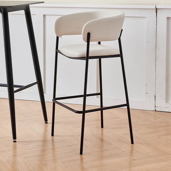 Curved Flannel Iron Low-Back Bar Stool, Nordic - White