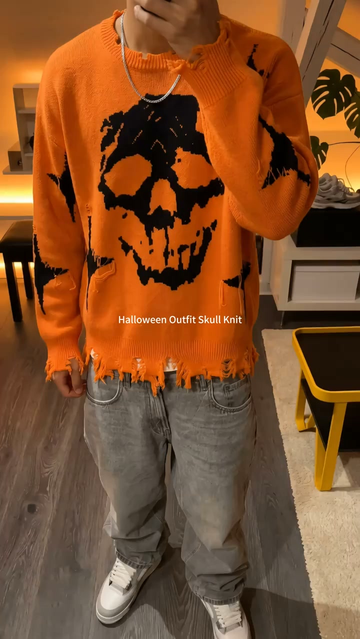 Men’s Halloween Skull Distressed Knit Sweater