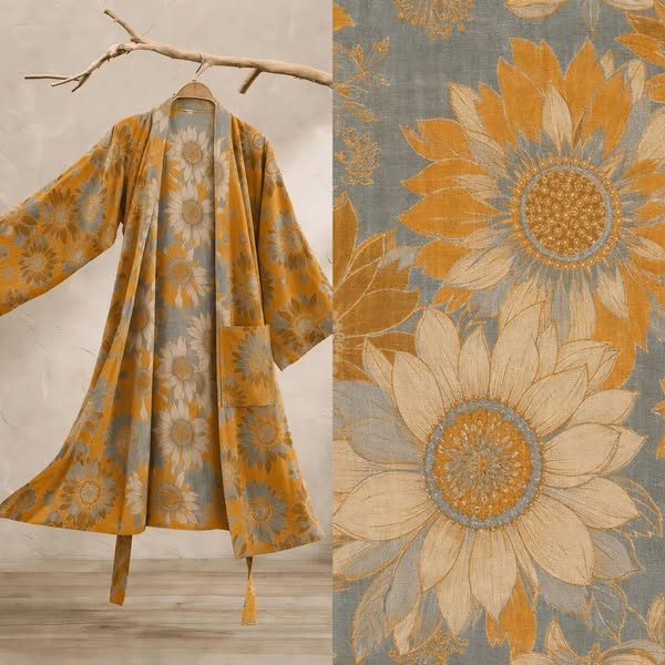 Vintage Sunflower Cotton Kimono Bathrobe