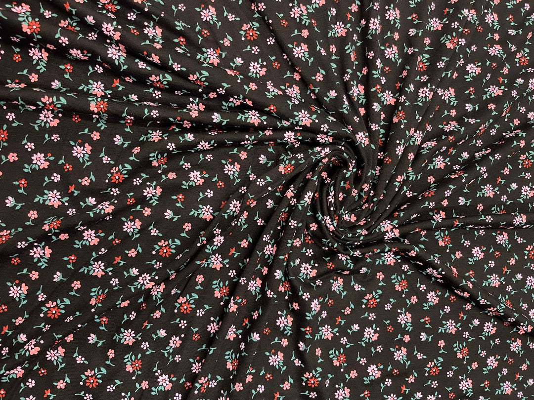 Black & Red Ditsy Rosebud Viscose Jersey – £5.99/m