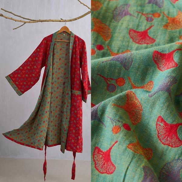 OWNKOTI Ginkgo Leaf Jacquard Cotton Reversible Bathrobe