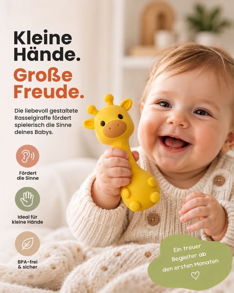 Baby-Rassel Giraffe aus Silikon – Greifspielzeug – BPA-frei