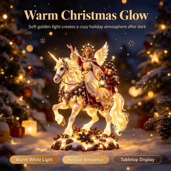 Weihnachtsfigur mit Engel und Einhorn Märchenhafte Details im warmweißen Licht