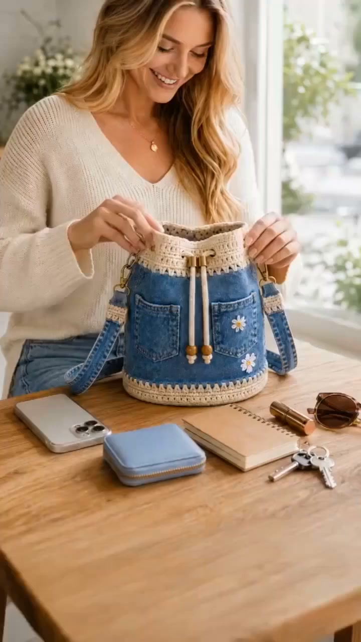 Offerta imperdibile! Sconto del 50%!Borsa a secchiello in denim lavorata all'uncinetto a mano