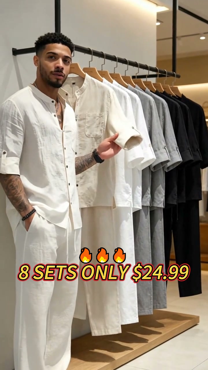 Men's Linen Stand Collar Long Sleeve Button Shirt & Straight Leg Belted Pants Set