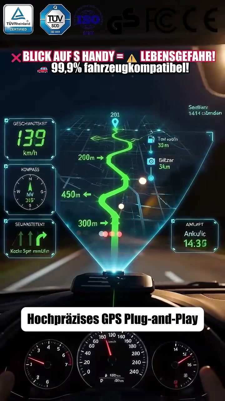 KI-HUD Head-Up-Display｜Automatische Helligkeitsregelung, Blitzerwarnung, TÜV-geprüft