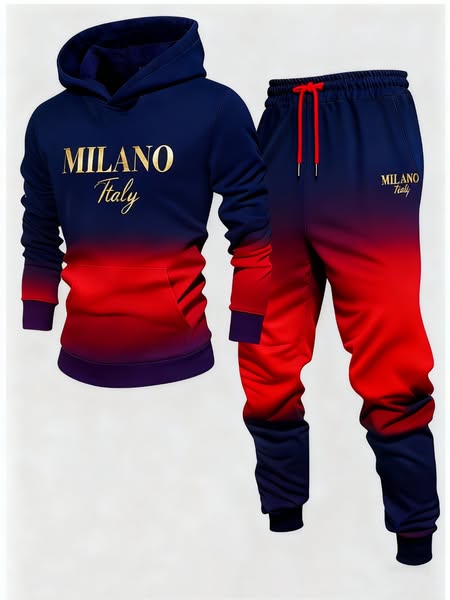 Men's Casual Navy Blue & Red Color Gradient Printed Hoodies Long-Sleeve Sweatshirts & Sweatpants Two-Piece Set